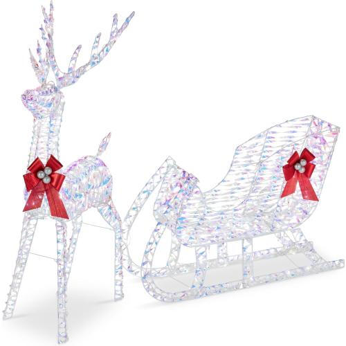 Best Choice Products Lighted Christmas 4ft Reindeer & Sleigh Holiday Outdoor Yard Decoration Set w/ 205 LED Lights, Stakes, Zip Ties - Iridescent