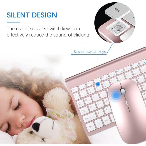 Wireless Keyboard and Mouse Ultra Slim Combo, TopMate 2.4G Silent Compact USB 2400DPI Mouse and Scissor Switch Keyboard Set with Cover, Batteries Included, for PC/Laptop/Windows/Mac - Rose Gold White