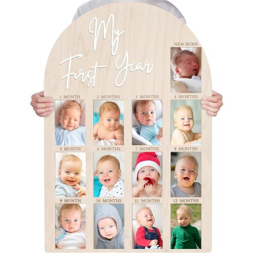 Bosctanuc Large My First Year Picture Frame for 33 x 22 Inch Wooden Photo Board ,12 Monthly Photo Display 1st Birthday Decorations Baby Gift for Newborn Keepsake,Baby Monthly Milestone (Classic, Wood, 33X22)