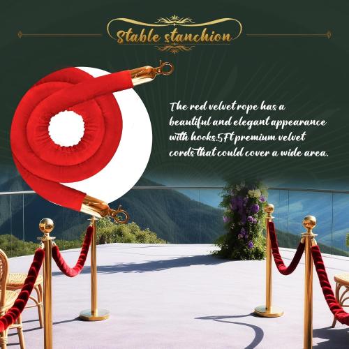 2Pcs Gold Stanchion Post Queue Velvet Ropes and Posts with Soild Base and 1pcs 5 Ft Red Velvet Ropes Carpet Ropes Posts Stanchion Set Crowd Control Barriers for Party Supplies