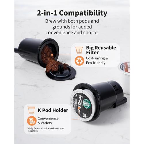 Hot & Iced Coffee Maker with Bold Setting, Single Serve Coffee Maker for K Cup and Grounds, 6-14 Oz Brew Sizes, 50 Oz Removable Water Tank, One Cup Coffee Machine with Reusable Filter, Black