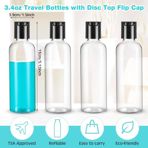 Roshtia 100 Pack 3.4 oz Travel Bottles for Toiletries, Clear Refillable Plastic Bottles with Disc Top Flip Cap, Leak Proof Empty Containers for Lotion, Shampoo, Essential Oil, Bulk Travel Size(Black)