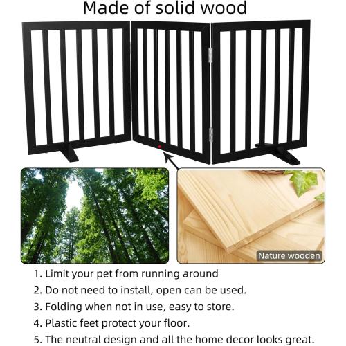 Dog Gate Indoor, Freestanding Dog Fence for The House, Doorways, Hallways,or Stairs,Pet Gate Foldable Wooden,Expandable 24 Height 3 Panels,Black