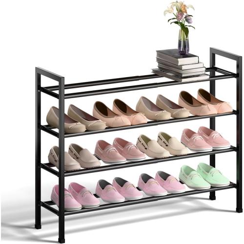 Bumusty 4-Tier Expandable Shoe Rack for Closet, 18“-33” Adjustable Shoe Rack for Small Space, Small Shoe Organizer for Front Door, Sturdy Metal, Black