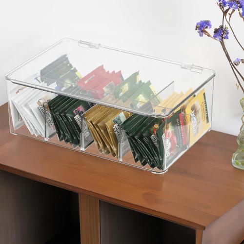 Plastic Clear Storage Containers, Set of 2 Tea Bag Organizer Boxes 8 Compartments with Lids, Underwear Tie Drawer Organizer, Dresser Organizer (10.8×7×3.7)
