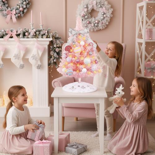 Mini Pink Christmas Tree with Lights, 2ft Artificial Small Table Top Christmas Tree with Bow, Ball Ornaments and White Tree Skirt, 24 Pcs DIY Xmas Decorations for Kids, Toddler Room