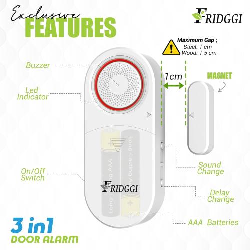 3-in-1 Alarm - Door Left Open Alarm with Delay, 0/5/10/30/60 Seconds, 2/5 Minutes, Window Ajar Chime, Close Door Reminder, 80 to 120 dB, Time Delay Alerts for Home, Office, Shop. (Grey)