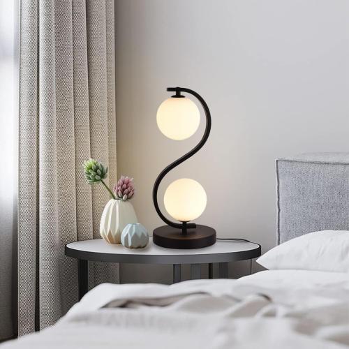 Modern Black S-Shaped Table Lamp 2-Lights Globe Glass Desk Lamp Plug in Metal 3 Color Temperatures Bedside Light Fixtures for Bedroom Living Room Office Study Corner