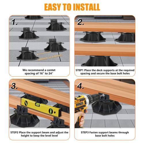 12Pack Adjustable Deck Support Pedestal Deck Foundation Base Support，Used for Floating Deck Platform Deck Floor Height Adjustment Raising, Adjustment Raising from 2-3/8 to 5-1/2, Black