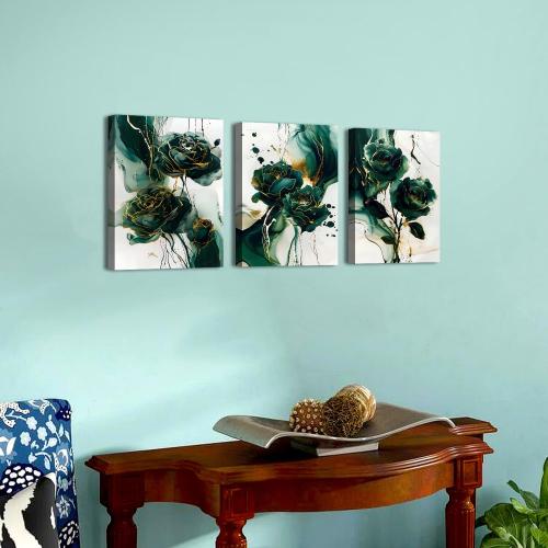 Emerald Green Wall Art for Living Room Green and Gold Marble Wall Decor Abstract Flower Wall Art Modern Botanical Canvas Prints Paintings for Bedroom Office Home Decorations 12x16 3Pcs