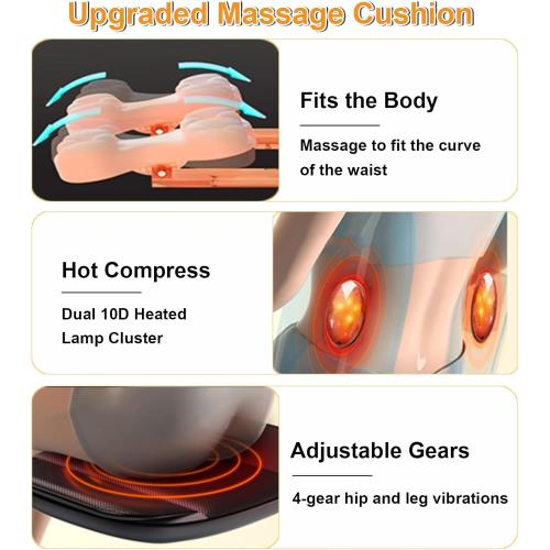 Lvrunben Shiatsu Back Massager with Heat, 3D Kneading Massage Chair Pad, Electric Massage Seat Cushion for Body, Neck,Shoulder, with Movable Multi-Function Leg and Foot Massager, for 62-69 inches