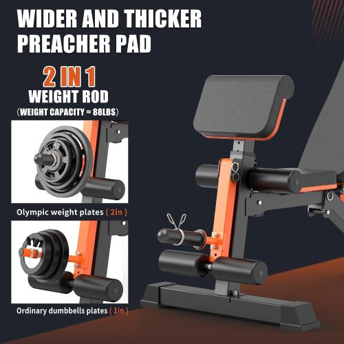 Black and Orange Adjustable Weight Bench - 1000LBS Heavy Duty Foldable Workout Bench Press with Leg Extension and Preacher Pad, Flat/Incline/Decline, Sit Up Bench for Full Body Strength Training at Home Gym