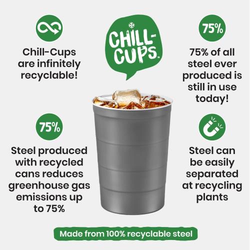 Steel Chill Cups 16 oz. Party Cups, Perfect for Cold Drinks, Sturdy & Durable, Disposable and 100% Recyclable, Made in USA, Gray, 12 Count