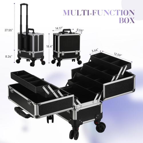 Leeora&Leekoo High-Capacity Multilayer Portable Nail Case for Nail Tech Organizer with Wheels - Lockable Makeup Case Organizer, Cosmetic Case, Makeup Train Case (Black)