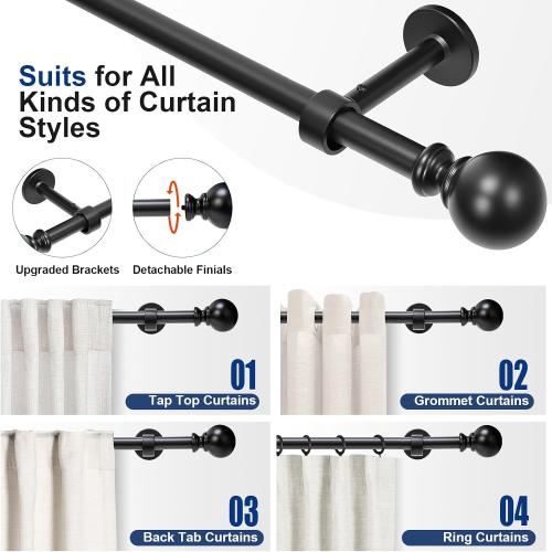 Short Curtain Rod 16-28 Inch Adjustable, 1 Inch Diameter Small Window Drapery Rod - Hidden Screw Brackets, for Bathroom Kitchen, Heavy Duty Metal, Black Round Finials