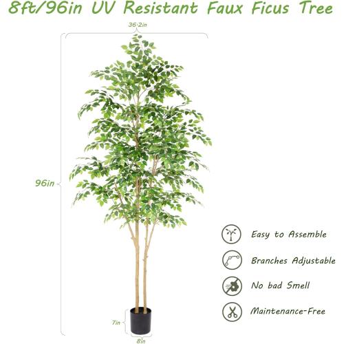 Nafresh Tall UV Resistant Ficus Tree Artificial，8ft(96in) Realistic Texture Potted Faux Ficus Tree， Fake Trees Indoor Outdoor for Home Office Living Room Bedroom Foyer Porch Decor.
