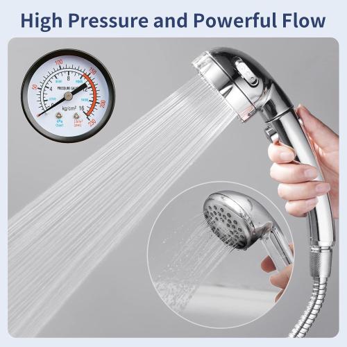 HANLIAN High Pressure Shower Head with Pause Button, 3 Spray Modes Shower Head for RV Camper, Water Saving On Off Shower, Handheld Shower Head with Hose and Adjustable Self-adhesive Holder (Chrome)