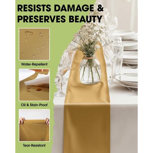 Pureegg Gold Plastic Table Runners - 10 Pack, 14'' x 108'', Water Resistant & Disposable Centerpiece Decorations for Table Cloth, Wedding, Birthday, Holiday, Baby Shower, Party, Home Decor