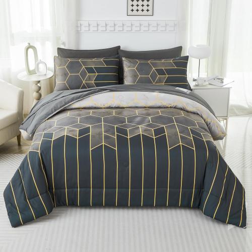 Queen Size Comforter Sets 7 Pieces Grey and Gold Striped Bedding Set Geometric Bed in A Bag