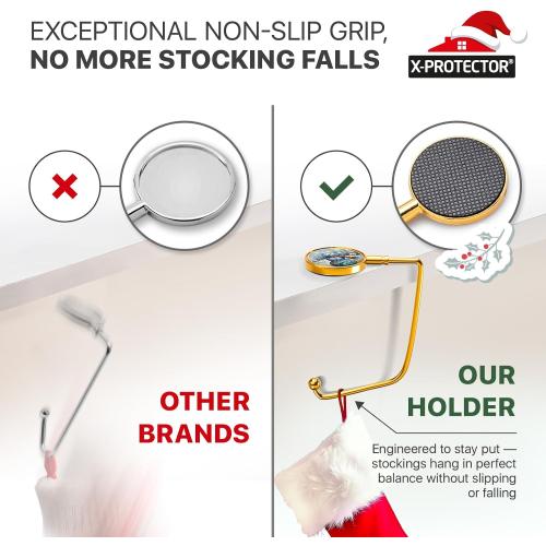 X-Protector Stocking Holders for Mantle - 6 PCS - Premium Christmas Stocking Holder with Non-Slip Bottom - Golden Stocking Hangers for Mantel - Stocking Hooks with Stickers on Top - Merry Christmas!