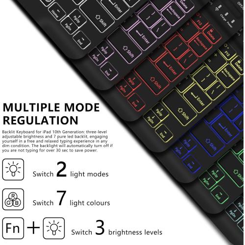 TopPerfekt for Bluetooth Keyboard iPad 10th Gen 10.9 inch (2022) case iPad (A16) 11th/ 10th Gen Case 11'' (2025) with 7-Color Backlights, Pencil Holder, Detachable, Rechargeable - Cow Beige