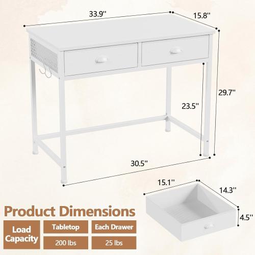 Furologee White Small Computer Desk with 2 Fabric Drawers for Bedroom,34 Inch Simple Home Office Writing Desk, Vanity Desk with Hooks, Study Table for Adults Student Small Spaces