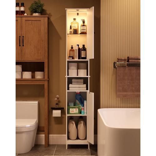 HAIOOU 67 Tall Bathroom Storage Cabinet with Light,11.8W Narrow Bathroom Cabinet with Adjustable Glass Shelves,Slim Freestanding Cabinet for Small Spaces,Skinny Cabinet for Kitchen,Living Room white