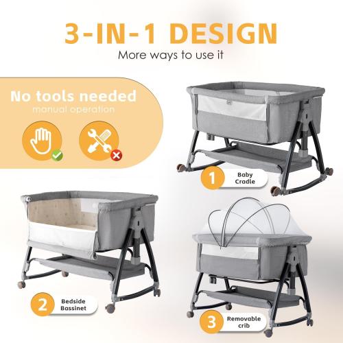 Bedside Crib, 3 in 1 Bassinet with Quick Height Adjustment and Mosquito Nets Rocking Bassinet for Baby, Bedside Bassinet with Wheels, Easy to Fold, Golden Triangle Structure（Grey）