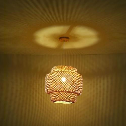Bamboo Pendant Light - Boho Basket Chandelier Handmade Woven Pendant Light, Natural Wicker Rattan Hanging Chandelier for Kitchen Island Dining Room Living Room Porch