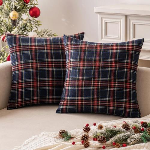 MIULEE Christmas Set of 2 Scottish Tartan Plaid Throw Pillow Covers Farmhouse Classic Decorative Outdoor Square Cushion Cases for Decor Sofa Couch 20x20 Inch, Blue