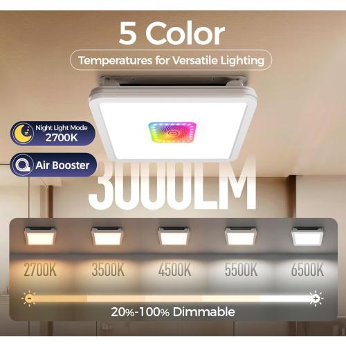Exhaust Fan with Light & Remote, AC Moter Fans Air Quality Booster,7 RGB Light & Nightlight 3000LM 5 CCT 2700K-6500K Dimmable LED 130 CFM 1 Sone,Memory Function,Bathroom Fans for Ceiling 126B