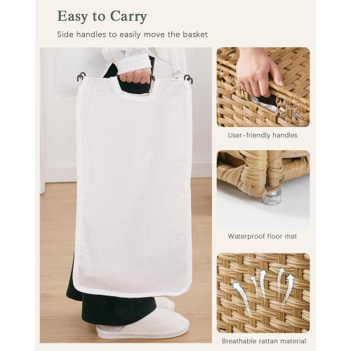 SETVSON Laundry Hamper with Lid Laundry Basket 132 L (35 Gal) Wicker Clothes Hamper, Handwoven Rattan Hamper with Handles and 4 Removable Liner Bags, 6 Mesh Bags for Laundry Bedroom Natural