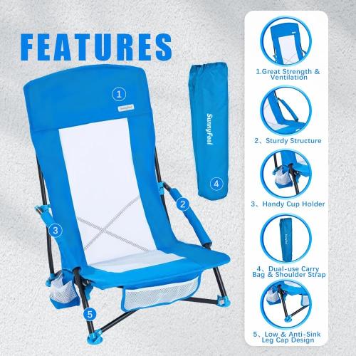 SUNNYFEEL Folding Beach Chair, High Back Beach Chairs for Adults, Lightweight Portable Camp Chair 300lbs Heavy Duty with Carry Bag, Cup Holder for Outdoor Travel Picnic Concert, 2 Pack, Blue