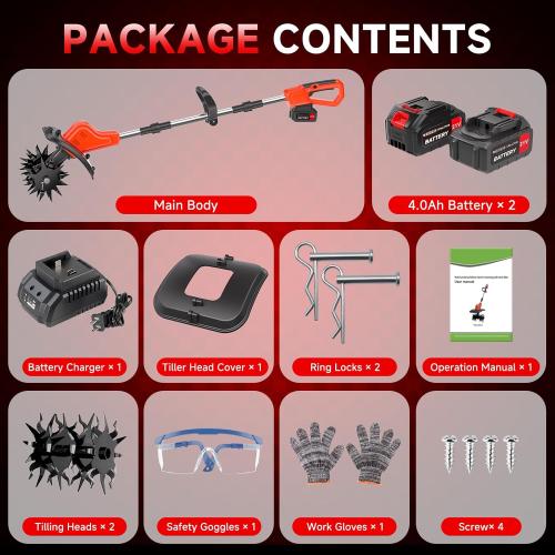 21V Cordless Tiller for Gardening, 120Mins Runtime Rototiller, 11.8 Width 6.6 Depth Garden Tiller, 360RPM Electric Cultivator for Lawn/Soil/Cultivation/Garden