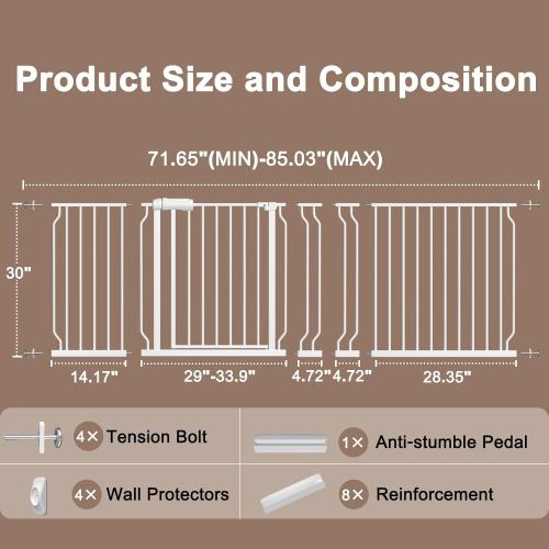 WAOWAO 71.65-85.03 Baby Gate Extra Wide Pressure Mounted Walk Through Swing Auto Close Safety Metal White Toddler Kids Child Dog Pet Puppy for Stairs,Doorways,Kitchen