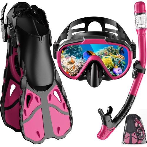 Color Pink Snorkel Set with Fins for Adults, Snorkeling Gear for Adults Men and Women, Snorkle, Mask Set Adults Dry Top Snorkel Mask Combo Set with Travel Bag for Snorkeling, Diving, Swimming