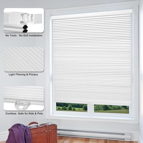 Cordless Cellular Shades, No Drill No Tools Honeycomb Window Blinds, Blackout Light Blocking Cellular Shades for Window, Thermal Insulation Blinds, Easy to Install, White 40 W x 64 H