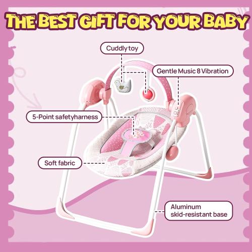 Portable Baby Swing, Pink Electric Infant Swing with 5 Speed Levels, 6 Songs & Timer   Battery-Powered Only (No Batteries Included) Pink and White