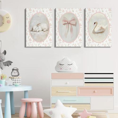 3Pcs Pink Vintage Nursery Canvas Wall Art Cute Animal Rabbit Swan Bow Flower Posters Prints Baby Girl Room Picture Wall Decor for Girls Room Bedroom Decorations Ready To Hang