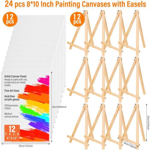 Canvas Painting Party Kit for Adults and Kids, 24Pack 8 x 10 Inch Canvas Boards and Wooden Easels Stands for Group Painting Sip and Paint Night