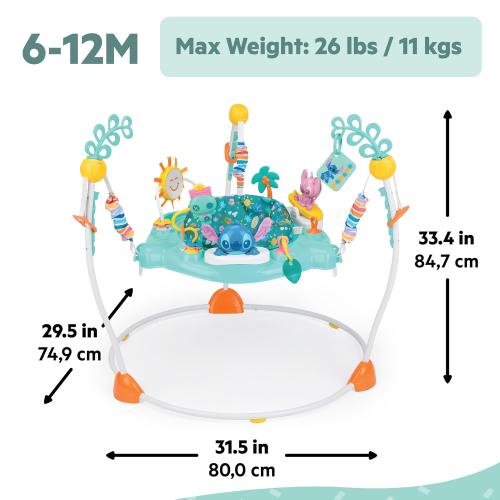 Bright Starts Disney Stitch Little Ohana Baby Activity Jumper with Interactive Toys, Lights & Music with Stitch, Angel & Scrump, 6-12 Months (Blue)