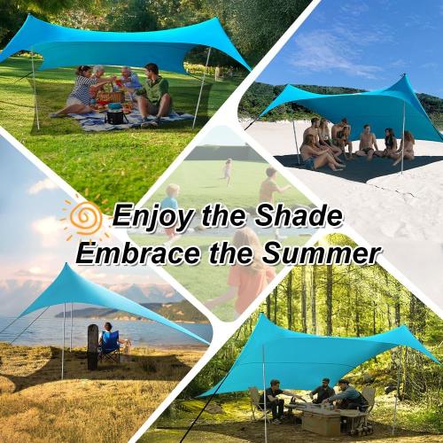 10×10ft UPF50  Beach Tent Sun Shelter, Windproof Stable Outdoor Pop Up Beach Shade Canopy for Camping, Fishing, Backyard Fun or Picnics, 2 Poles