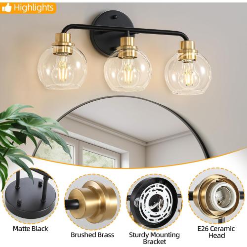 3 Light Bathroom Vanity Light, Black and Gold Bathroom Light Fixtures with Clear Glass Shade Modern Wall Sconces Lighting Bath Wall Lights Lamp for Mirror Kitchen Living Room Bedroom Hallway Cabinet