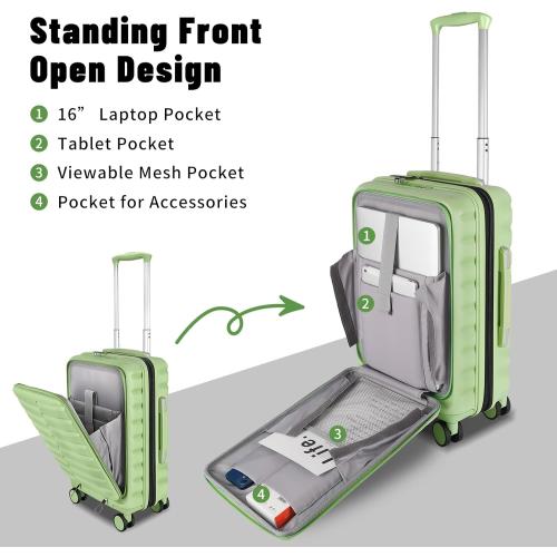 Size 22×14×9 Color Green Airline Approved Carry On Luggage with Front Open Pocket, Spinner Wheels, ABS PC Hardshell Small 20inch Suitcase with Protective Cover and Luggage Tag, Avocado Green