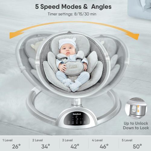BabyBond Baby Swings for Infants, Bluetooth Infant Swing , 3 Seat Positions, 5 Point Harness Belt, 5 Speeds and Remote Control - Portable Baby Swing for Indoor and Outdoor (Silver)