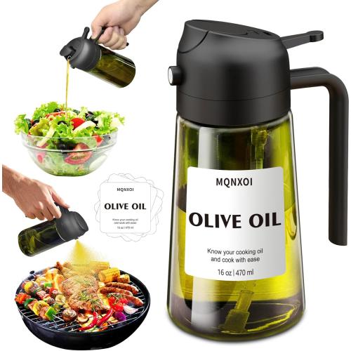 Oil Sprayer for Cooking, 2 in 1 Olive Oil Dispenser Bottle for Kitchen, 16oz/470ml Premium Glass, Food-grade Oil Mister for Air Fryer, Salad, Frying, BBQ (Black   Dark Green Bottle)
