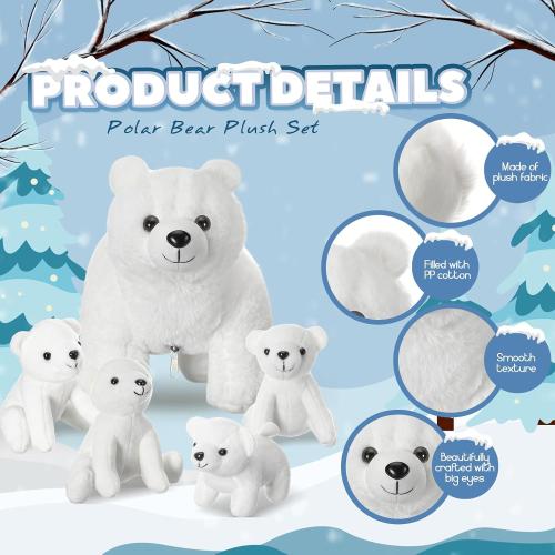 Syhood 5 Pcs Polar Bear Plush Set 12 Inch Mommy Polar Bear Stuffed Animal with 4 Plush Bear Babies Cuddly Bear Gifts for Boys Girls Christmas Birthday Decoration (Realistic Style)