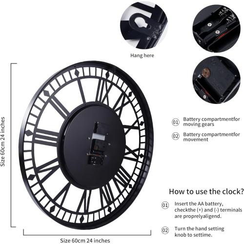 24 Inch Large Digital Wall Clock with Real Moving Gears-Round Silent Vintage Industrial Metal Farmhouse Clock for Bedroom, Battery Operated, Roman Numeral, Golden