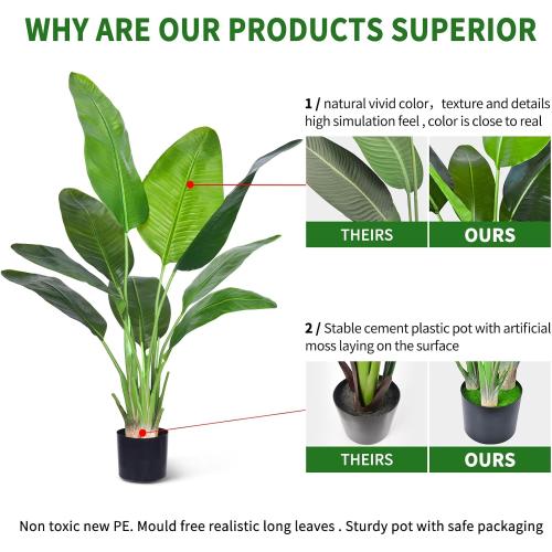 Artificial Bird of Paradise Plant, Fake Tree with Realistic Leaves and Durable pots, Adjustment-Free Branches Artificial Tree for Indoor Outdoor Home Decor (4FT 2Packs)