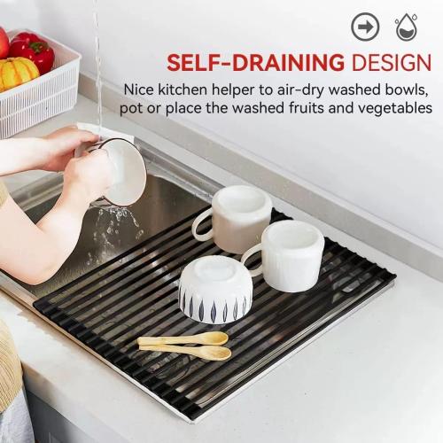 MERRYBOX 20.5 x 13 Roll Up Dish Drying Rack Silicone Wrapped Over The Sink Dish Drying Rack Multipurpose Foldable Sink Drying Mat, Heat-Resistant & Anti-Rust Dish Rack for Kitchen Sink, Large, Black